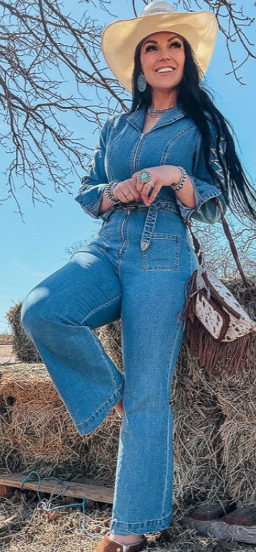 MID WASH STRETCH DENIM BOOT STITCH JUMPSUIT