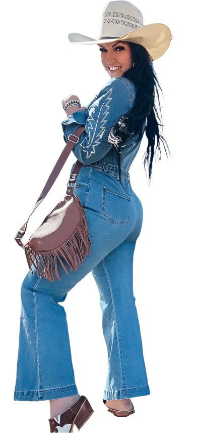 MID WASH STRETCH DENIM BOOT STITCH JUMPSUIT