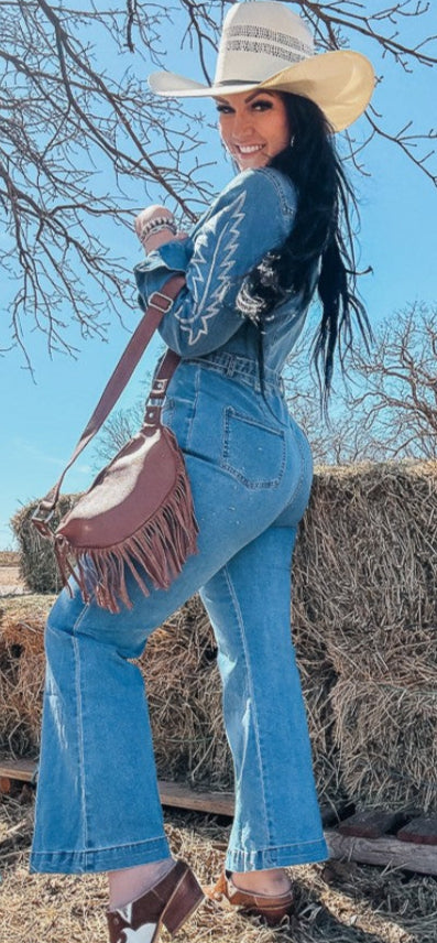 MID WASH STRETCH DENIM BOOT STITCH JUMPSUIT