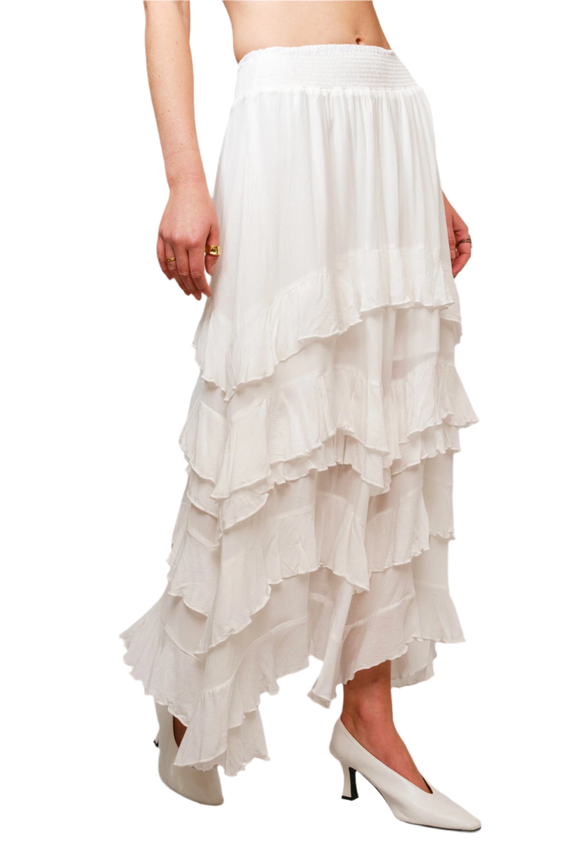RUFFLE SMOCKED WAIST MAXI SKIRT in OFF WHITE