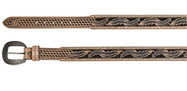 RED DIRT HAT COMPANY MENS BELT VACHETTA LEATHER W/BASKETWEAVE AND FEATHER TOOLING