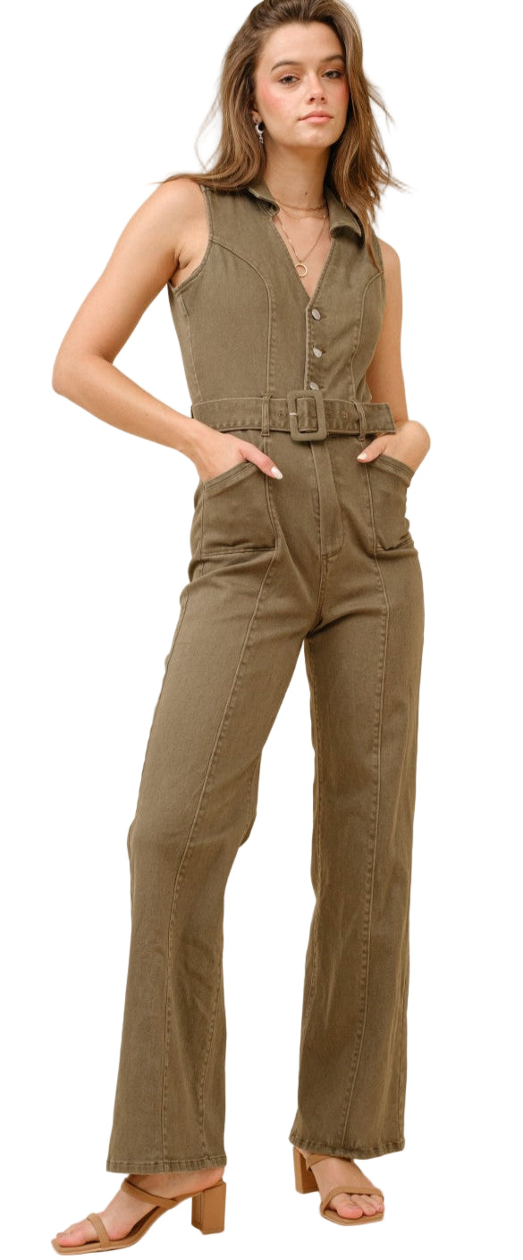 STRETCH DENIM TWILL JUMPSUIT in WASHED OLIVE