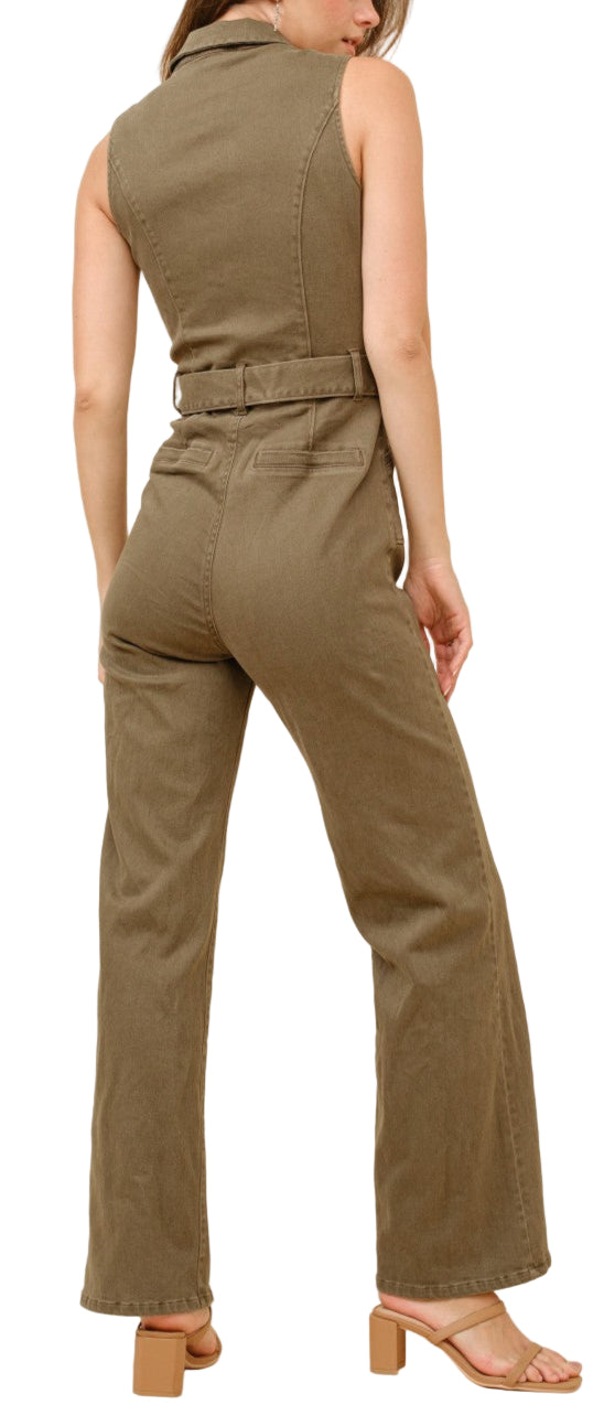 STRETCH DENIM TWILL JUMPSUIT in WASHED OLIVE