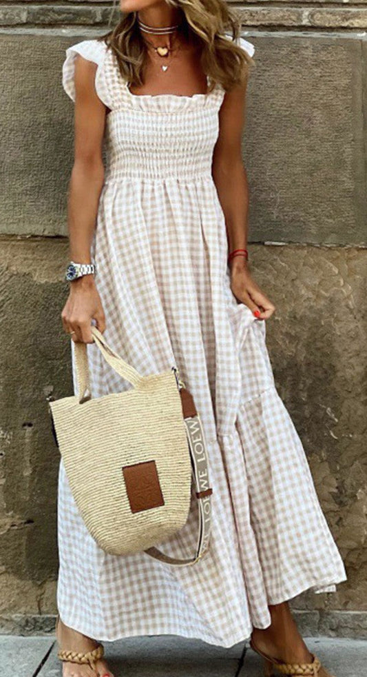 GINGHAM SMOCKED MAXI DRESS with RUFFLE SLEEVES