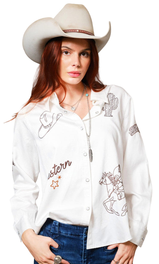 WESTERN EMBROIDERED PEARL SNAP SHIRT in WASHED WHITE