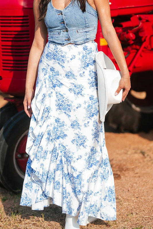 WESTERN FLORAL PRINT SIDE SLIT RUFFLED SKIRT