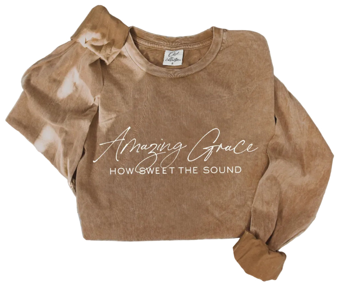 "AMAZING GRACE" LONG SLEEVE MINERAL WASHED GRAPHIC TOP - TOAST