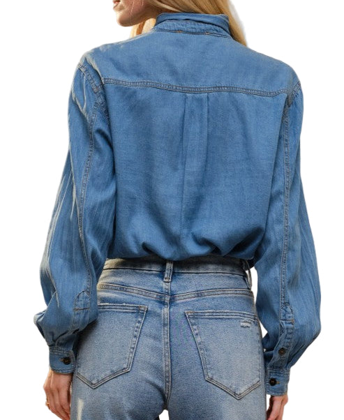 TENCEL/CHAMBRAY TIE COLLAR DENIM BLOUSE - MEDIUM WASH