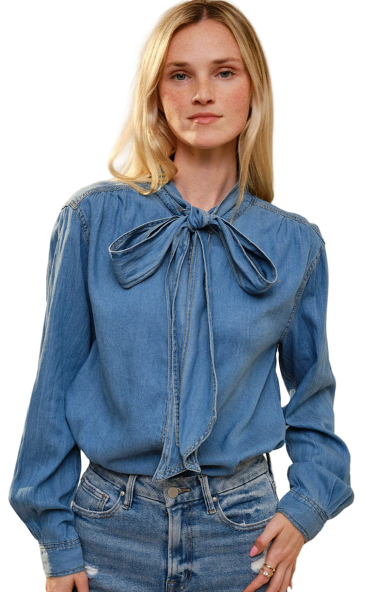 TENCEL/CHAMBRAY TIE COLLAR DENIM BLOUSE - MEDIUM WASH