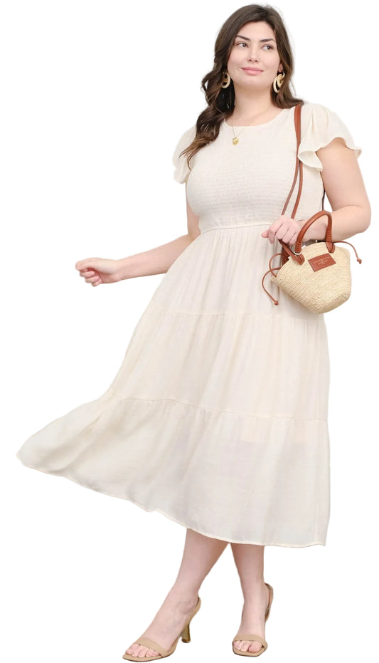 PLUS SIZE SMOCKED TIERED DRESS in CHAMPAGNE