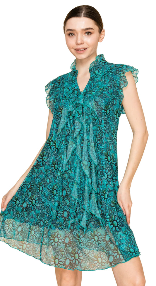TURQUOISE CONCHO PRINT SLEEVELESS MESH DRESS