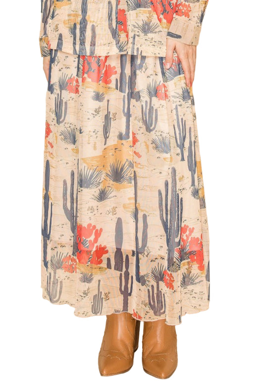 WESTERN PRINT MESH PULL-ON SKIRT - TAN/RUST CACTUS