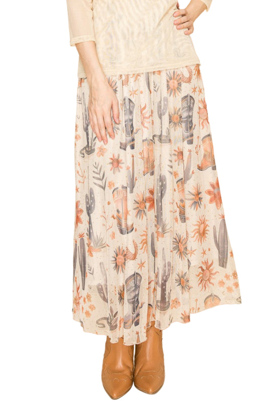 WESTERN PRINT MESH PULL-ON SKIRT-BOOTS N' CACTUS