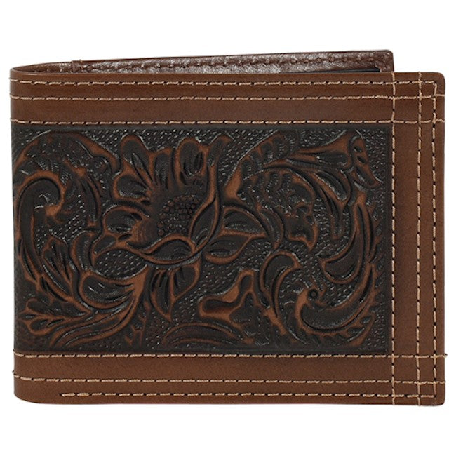 JUSTIN MENS GENUINE LEATHER LG BIFOLD WALLET TOOLED W/TRIPLE STITCH ...