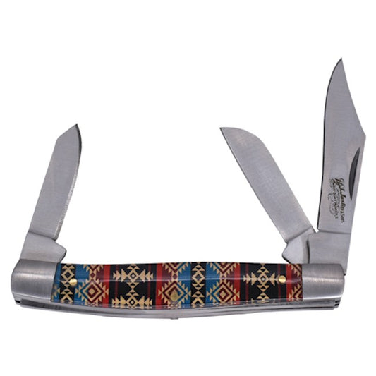 JUSTIN STOCKMAN KNIFE ACRYLIC BLUE AND RED AZTEC 3 BLADE