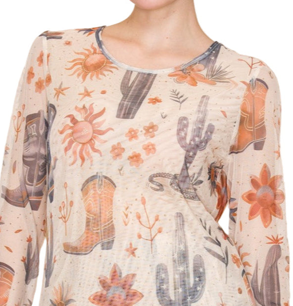 WESTERN PRINT MESH 3/4 SLEEVE TOP-BOOTS N' CACTUS