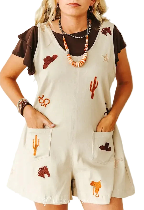 WESTERN MOTIF EMBROIDERED THICK STRAP ROMPER in BEIGE