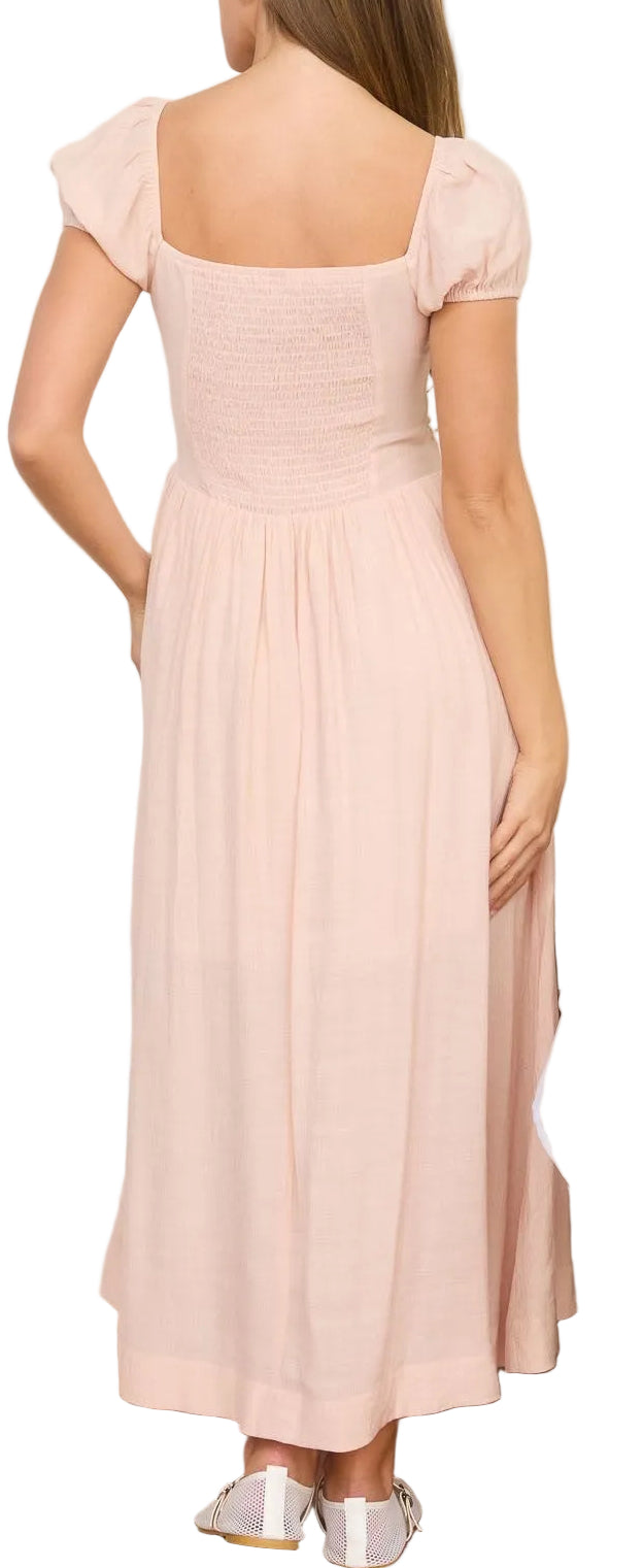 RUCHED DETAIL SCOOP NECK MIDI DRESS in DUSTY APRICOT