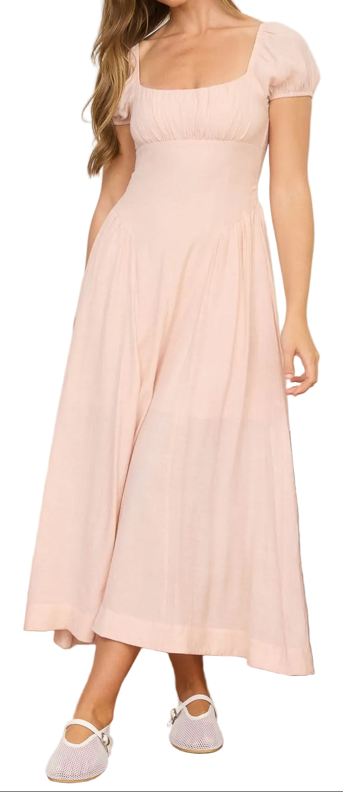 RUCHED DETAIL SCOOP NECK MIDI DRESS in DUSTY APRICOT