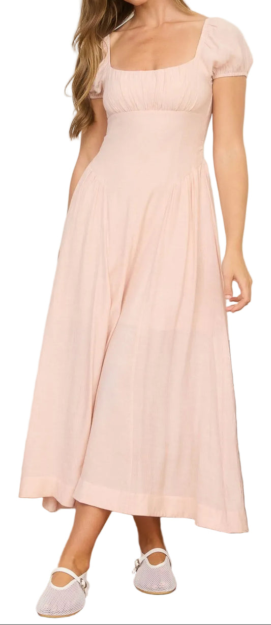 RUCHED DETAIL SCOOP NECK MIDI DRESS in DUSTY APRICOT