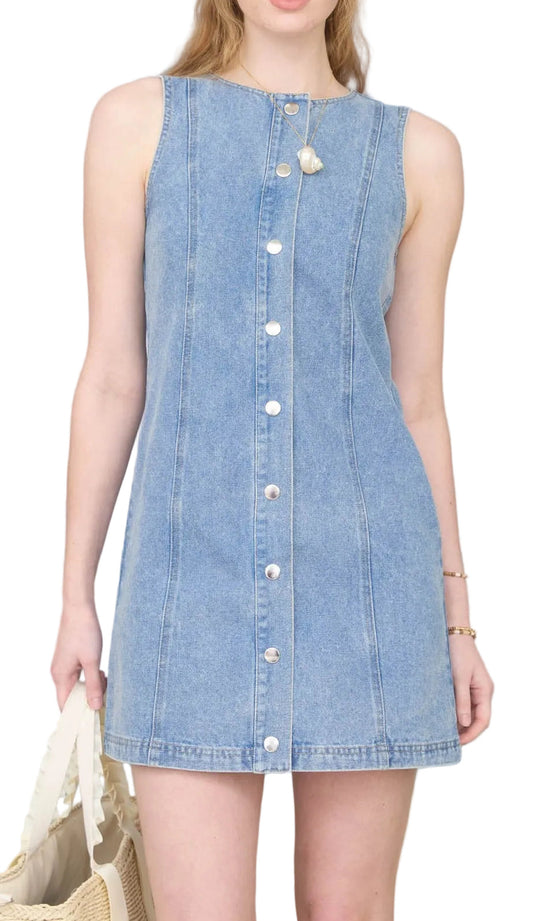 SLEEVELESS BUTTON-UP MIDWASH DENIM MINI DRESS