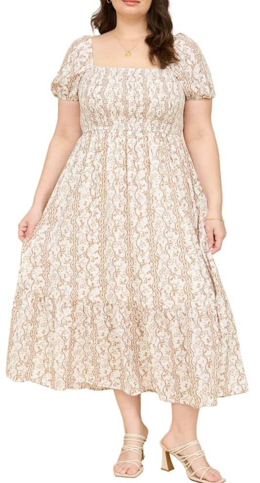 PLUS SIZE WAVY FLORAL SMOCKED PUFF SLEEVE MIDI DRESS