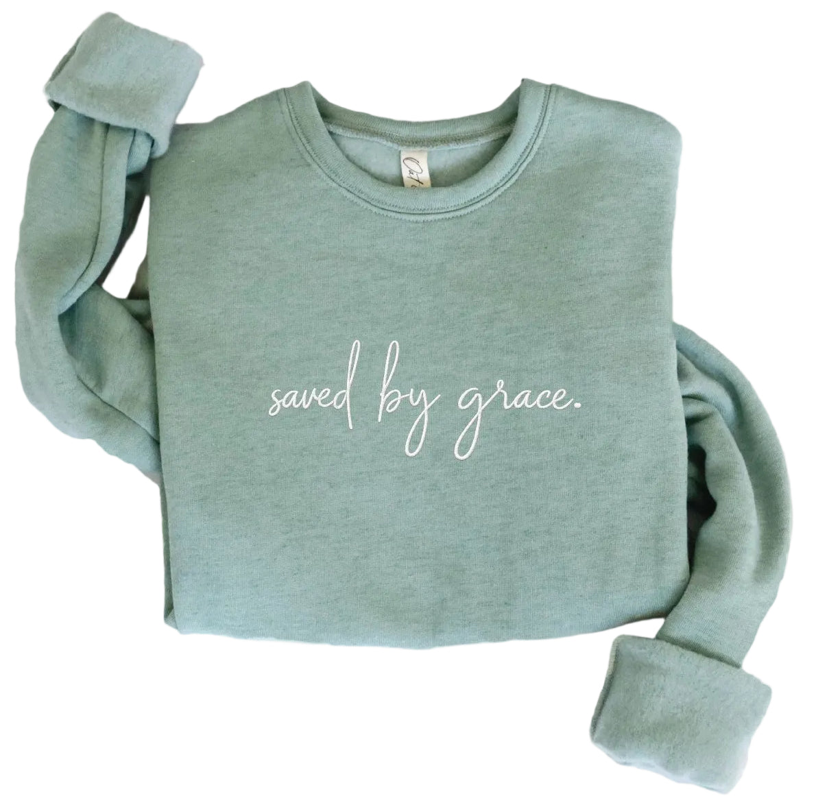 "SAVED BY GRACE" EMBROIDERED SWEATSHIRT in HEATHER SAGE or HEATHER MUSTARD
