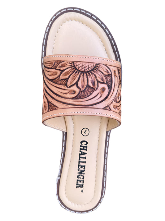 LADIES SUNFLOWER HAND TOOLED LEATHER SLIDE SANDALS
