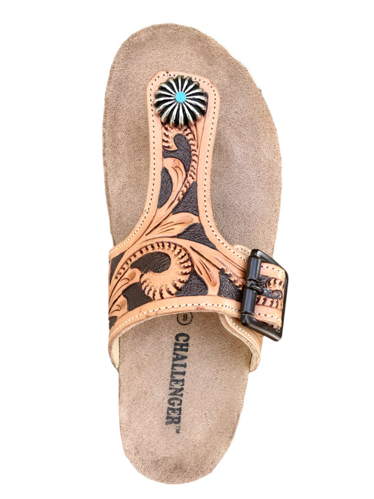 LADIES TOOLED LEATHER T-BAR CONCHO SANDALS