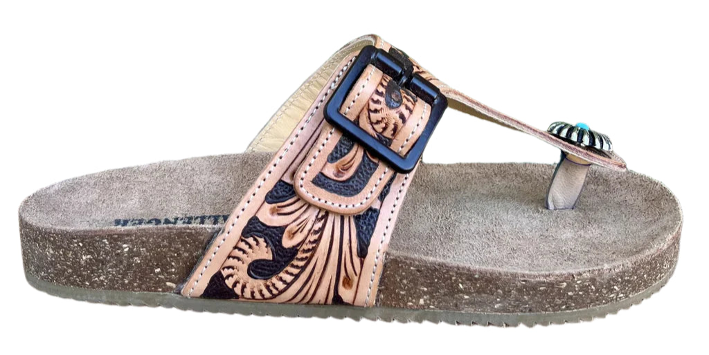 LADIES TOOLED LEATHER T-BAR CONCHO SANDALS