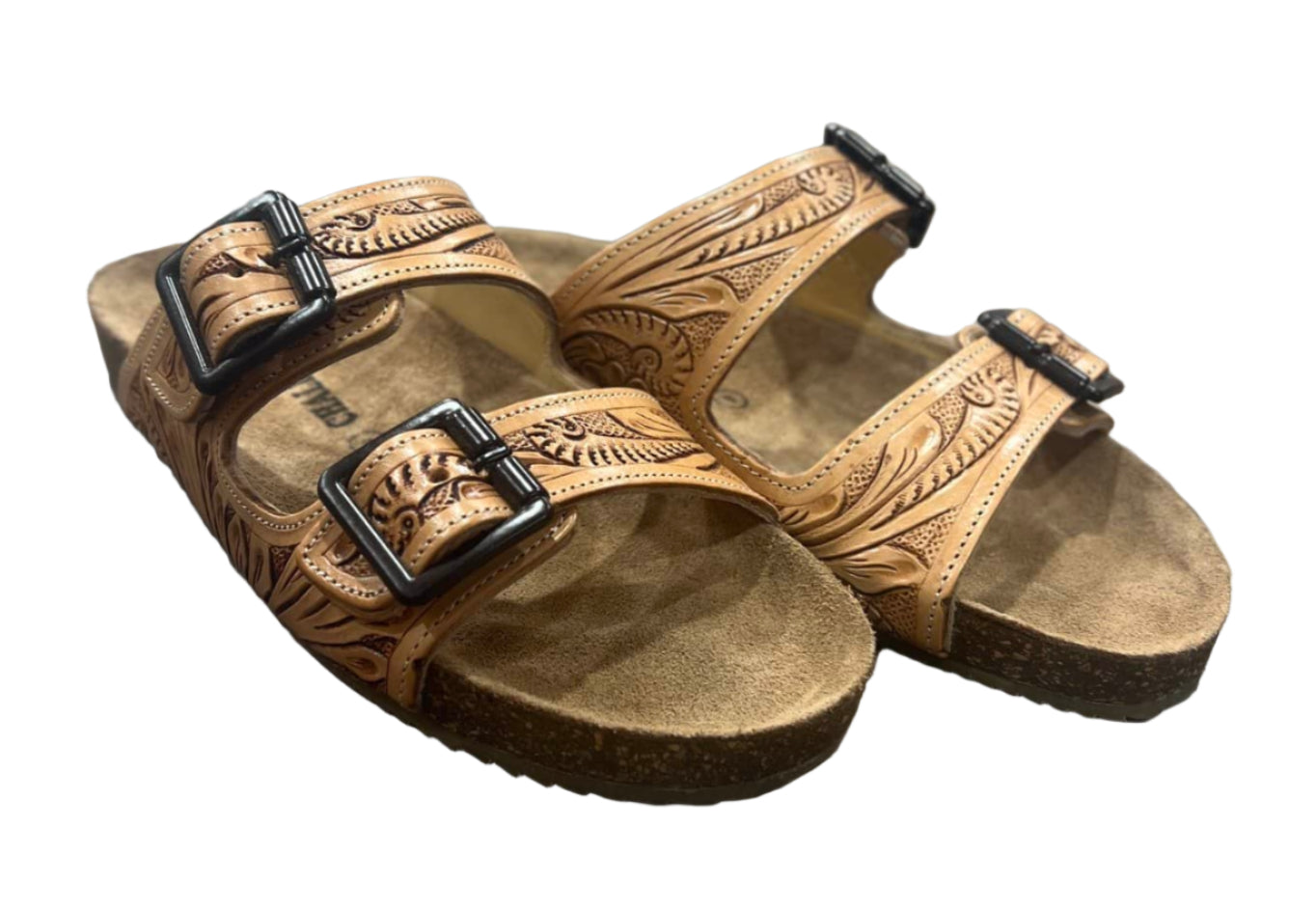 LADIES TOOLED LEATHER DOUBLE BUCKLE STRAP SANDALS