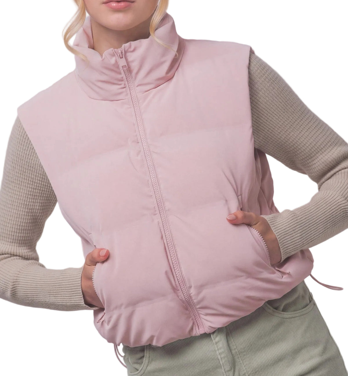 CROPPED FITTED PUFFER VEST in CHOCOLATE OR PINK STONE