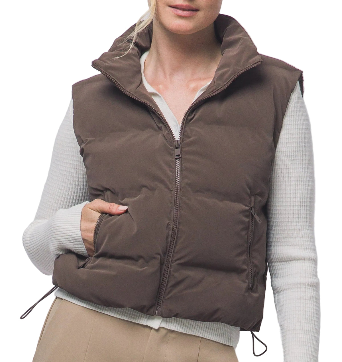 CROPPED FITTED PUFFER VEST in CHOCOLATE OR PINK STONE