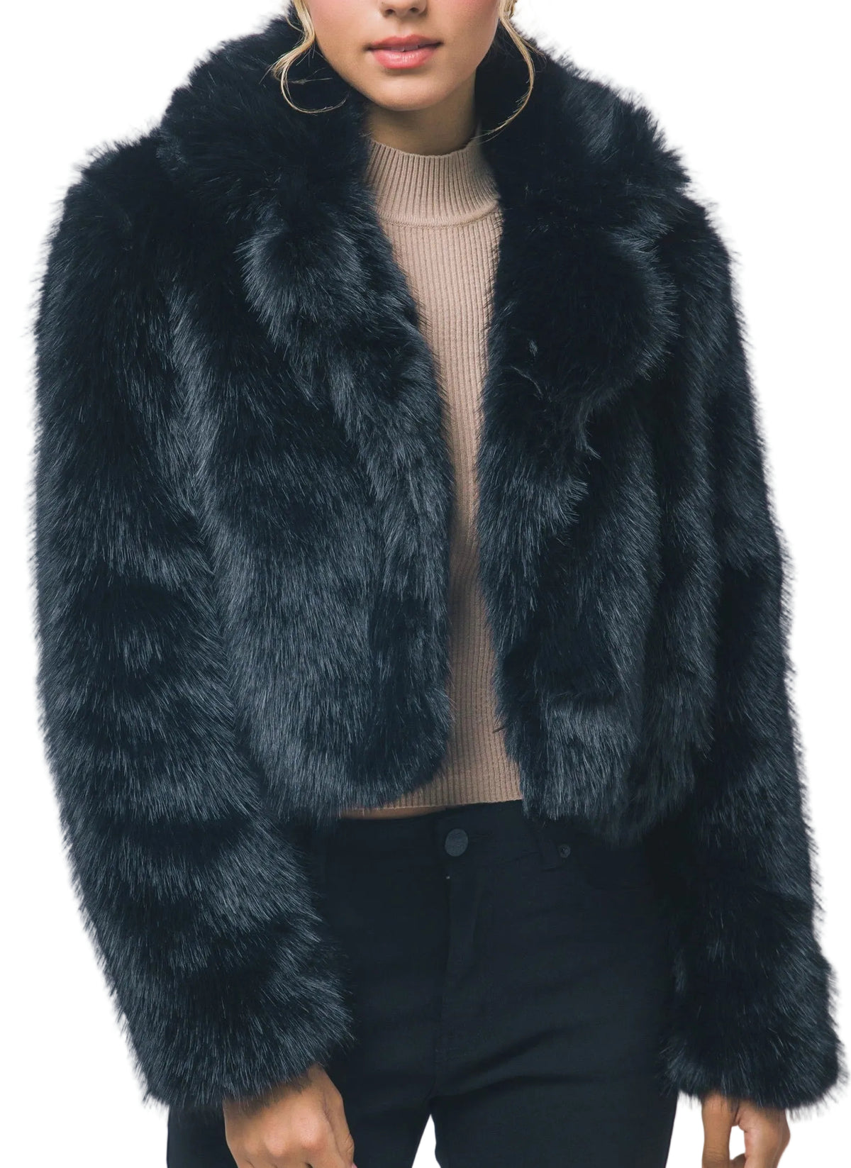 LADIES' FAUX FUR CROPPED JACKET in BLACK or IVORY