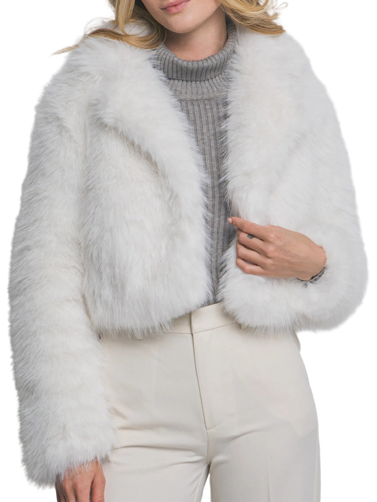 LADIES' FAUX FUR CROPPED JACKET in BLACK or IVORY
