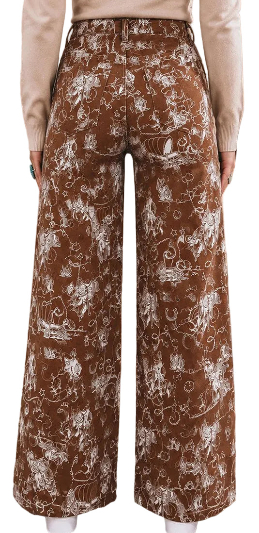 BROWN WESTERN PRINT HIGH WAIST BAGGY JEANS