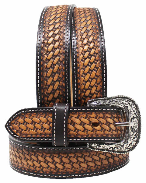UNISEX 1.5" WESTERN BASKETWEAVE TOOLED FULL-GRAIN LEATHER BELT