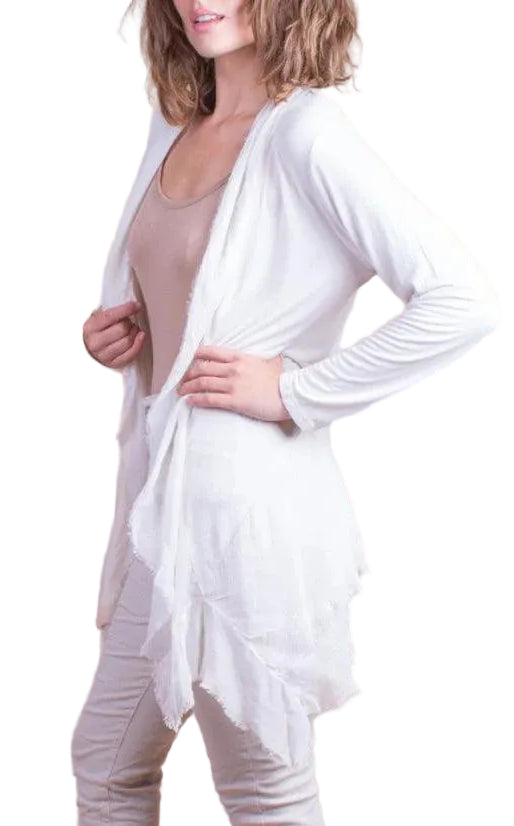 SILK VISCOSE RAW EDGE CARDIGAN IN WHITE