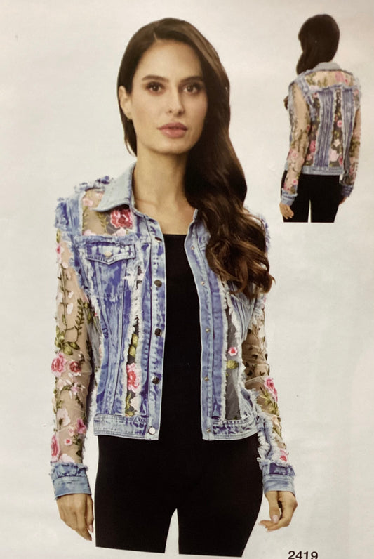 ADORE JACKET WITH PINK FLORAL DETAIL in LIGHT DENIM