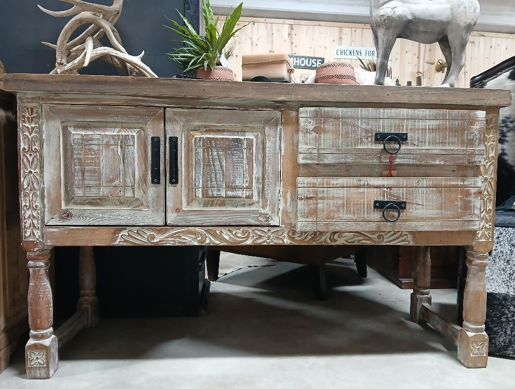 2 DOOR 2 DRAWER WHITEWASHED CARVED CONSOLE TABLE