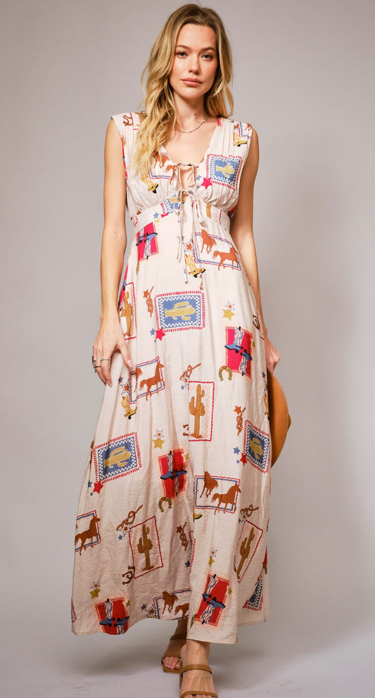 WESTERN PRINT TIE FRONT MAXI HALTER DRESS