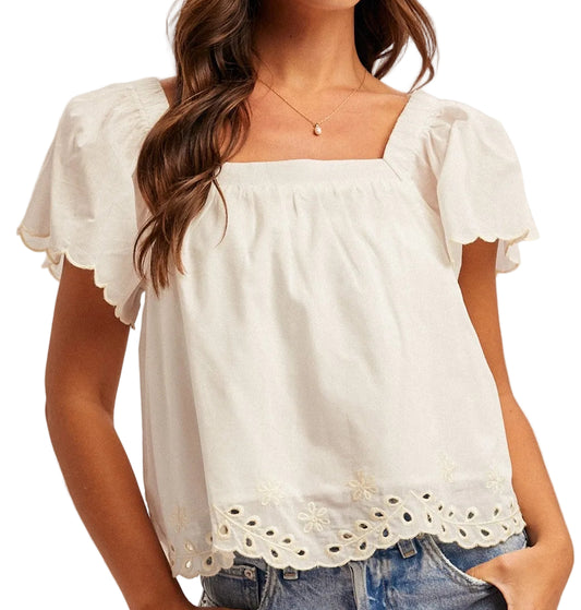 SQUARE NECK EYELET HEM FLUTTER SLEEVE TOP