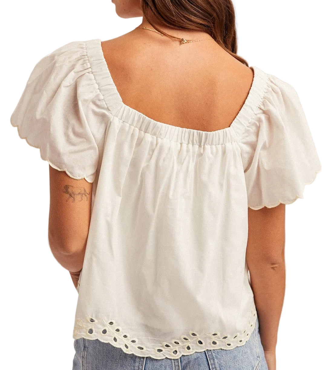 SQUARE NECK EYELET HEM FLUTTER SLEEVE TOP