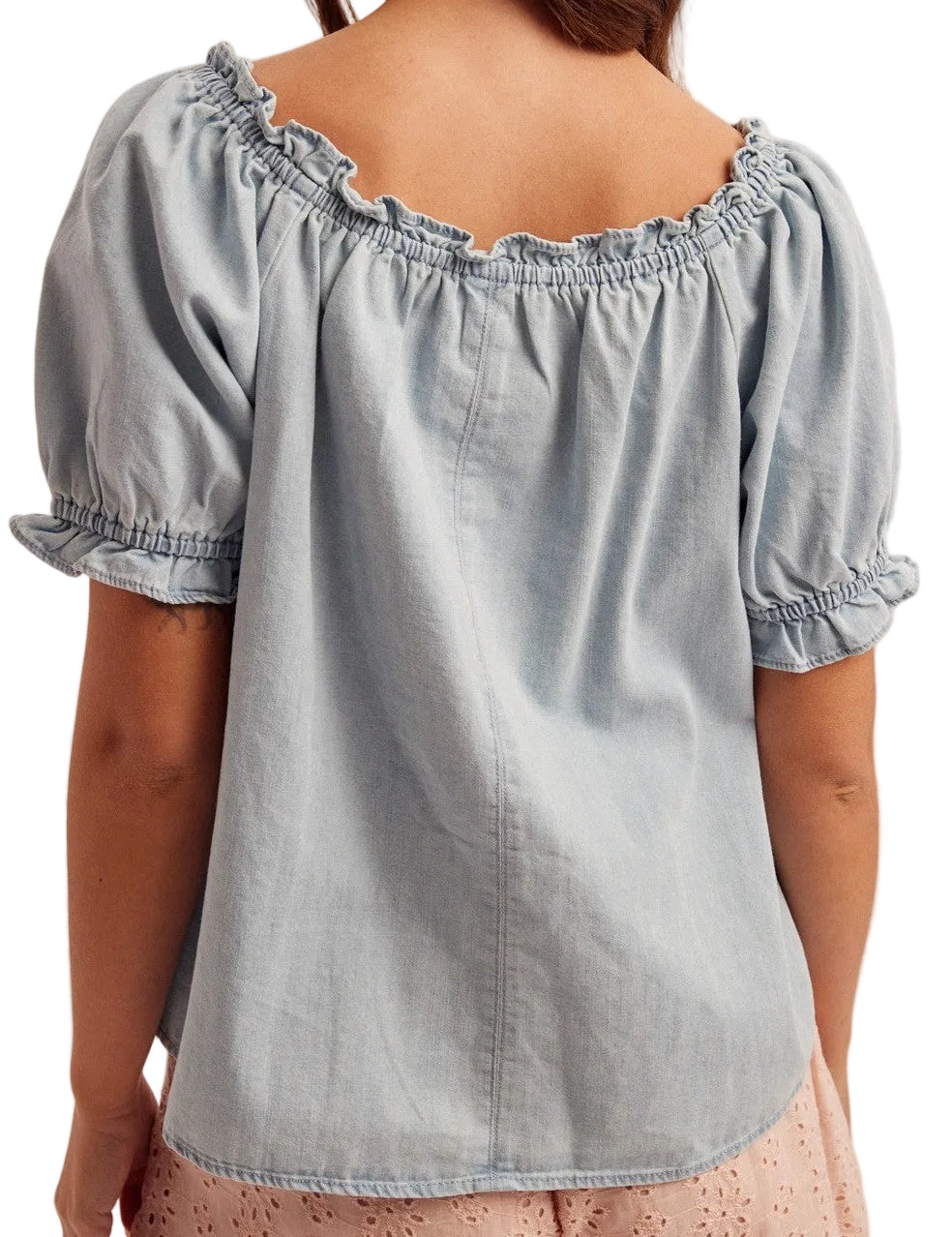 RUFFLE NECKLINE & SLEEVE BABYDOLL LIGHTWASH DENIM TOP