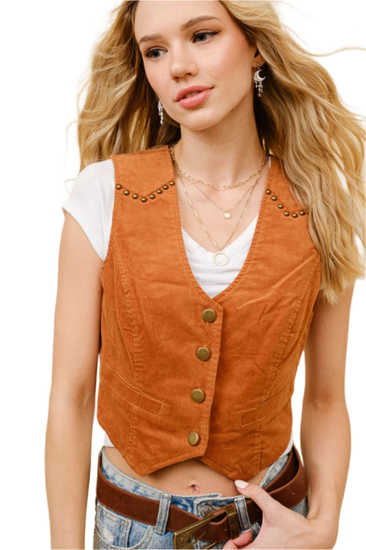 CORDUROY CROP STUDDED VEST in GINGERBREAD