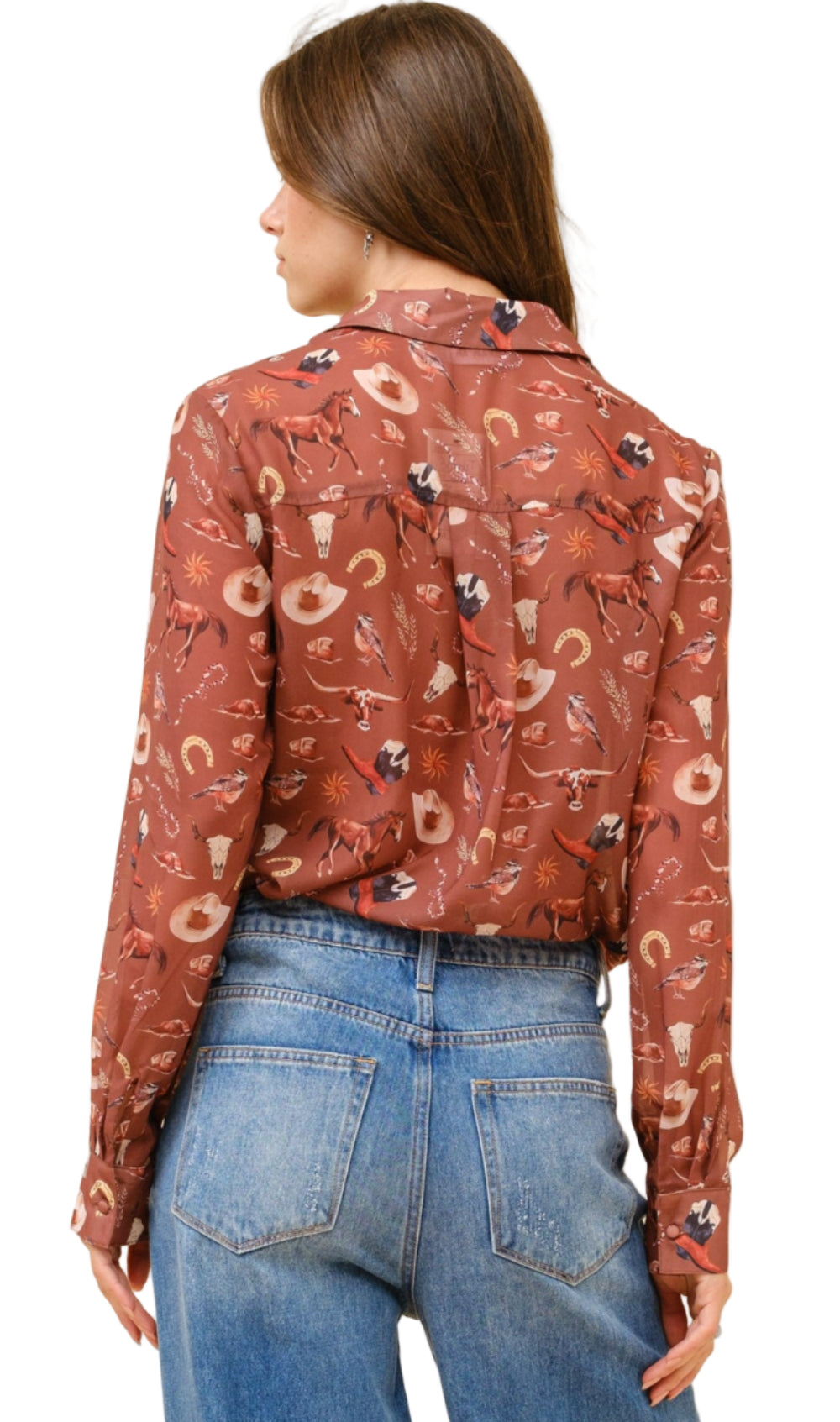 WESTERN PRINT CHIFFON BUTTON-UP BLOUSE in RUSSET BROWN