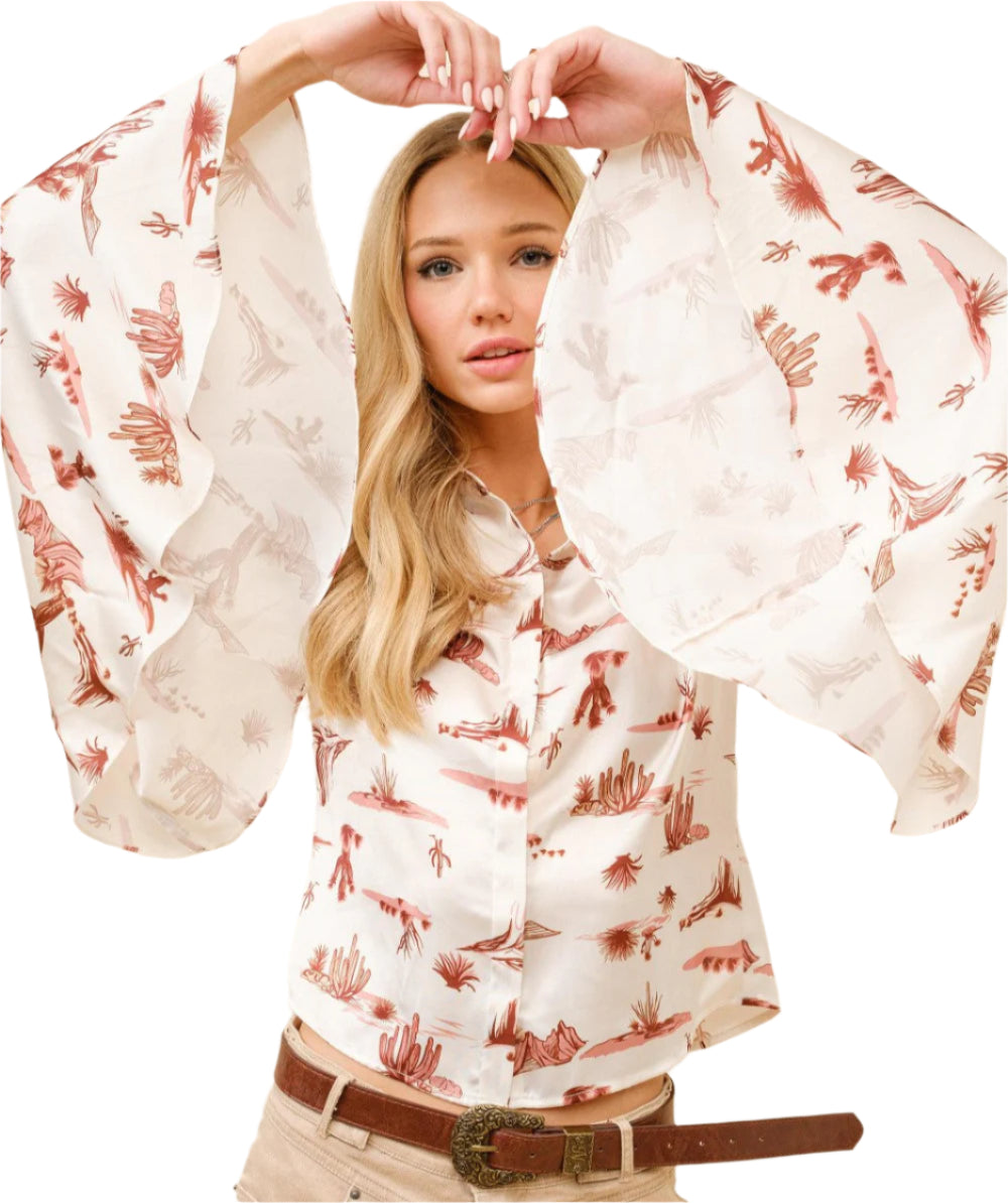 WESTERN PRINT SATIN BUTTON UP BELL SLEEVE BLOUSE