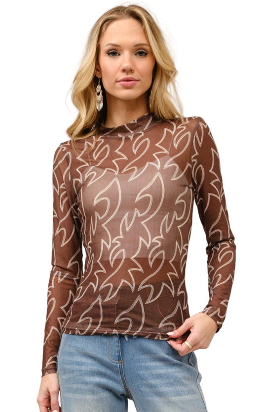 LONG SLEEVE MOCK NECK BOOT STITCH MESH TOP - BROWN