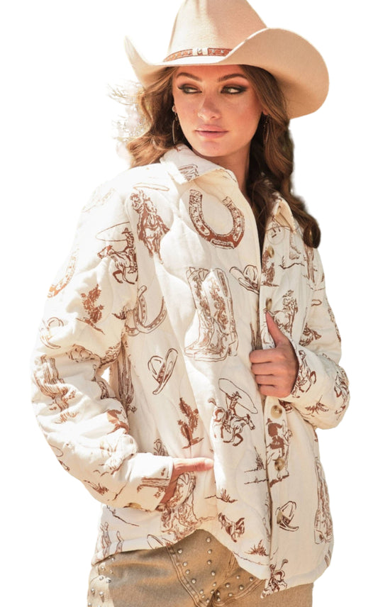 WESTERN PRINT QUILTED SHACKET in WHITE TAUPE