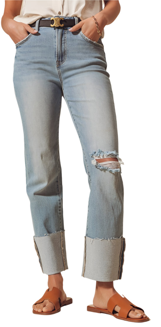 ROLLED CUFF SLIM FIT MID RISE DENIM JEANS - LIGHT WASH